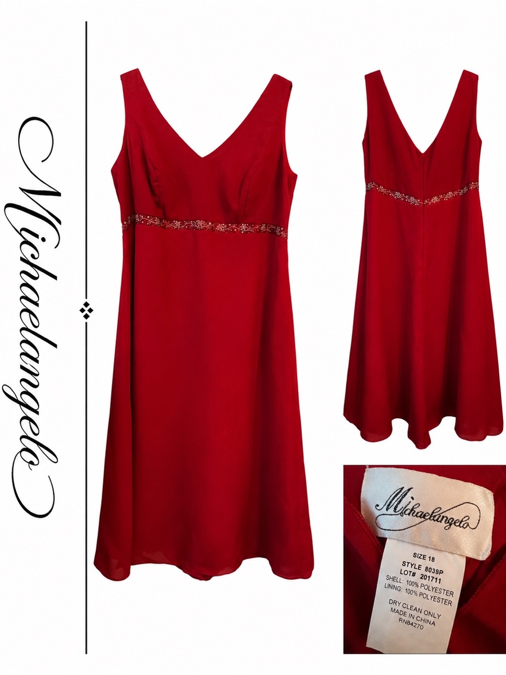 Michaelangelo Red Beaded Empire Waist Chiffon Dress Size 18 Formal Evening H